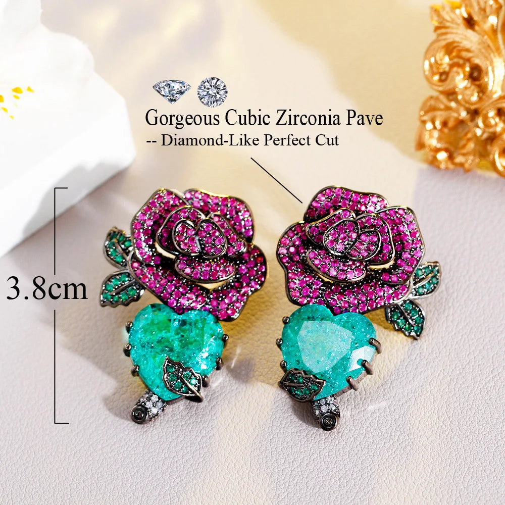 S&S Red Rose & Green Leaf CZ Dangle Drop Earrings – Black Gun Plated – Collection