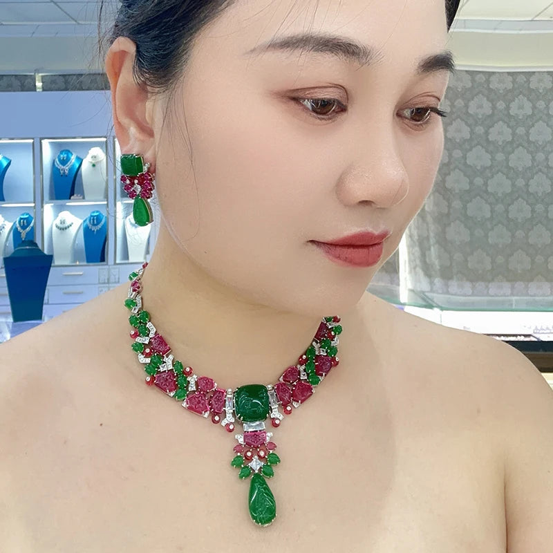Gorgeous Retro Necklace Earrings Ring 3-piece Set Carved Embossed Pattern Colorful Zircon Dubai Luxury Brass Jewelry