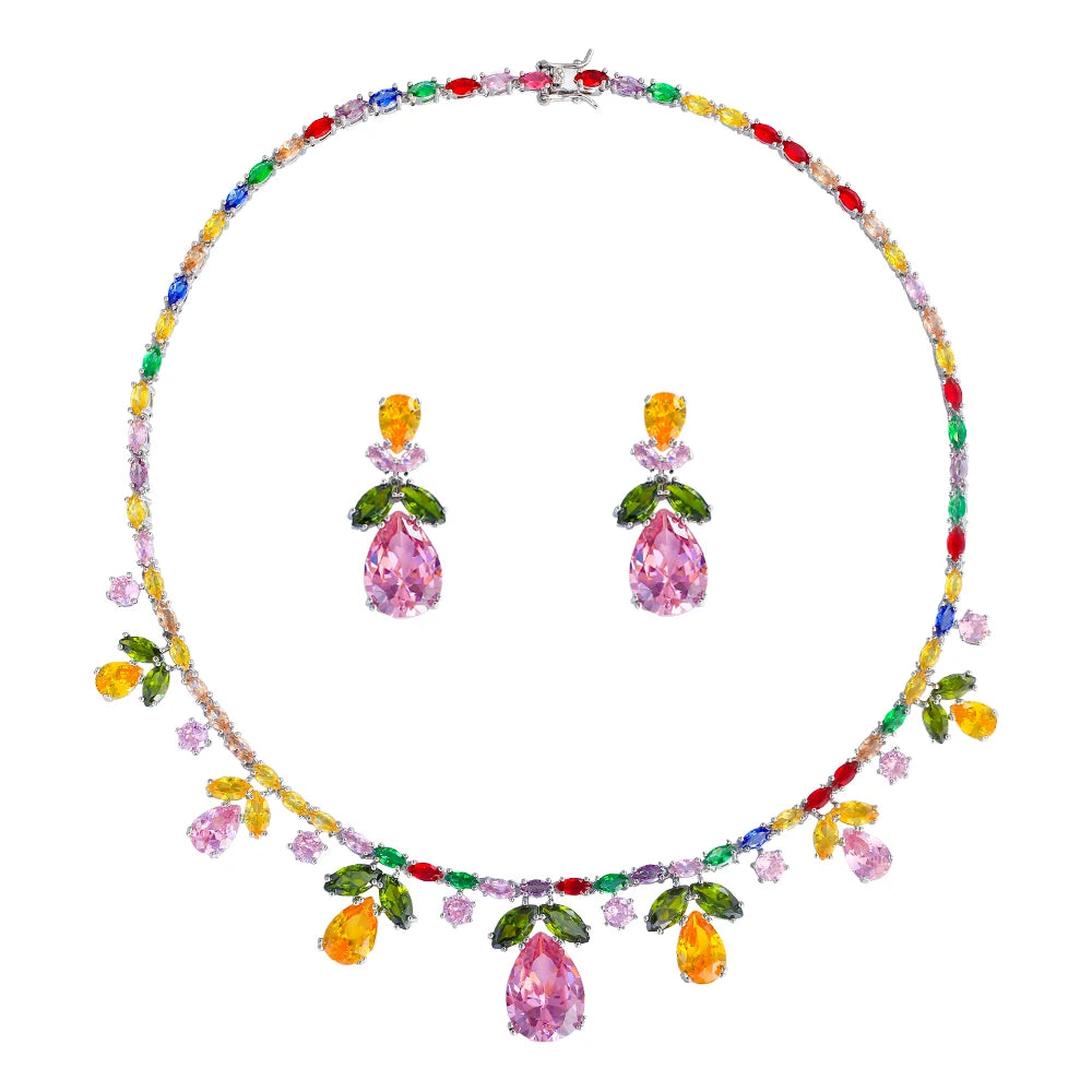 Luxury Cubic Zircon Necklace and Earrings Colorful Jewelry Set for Women Banquet Dress Accessories