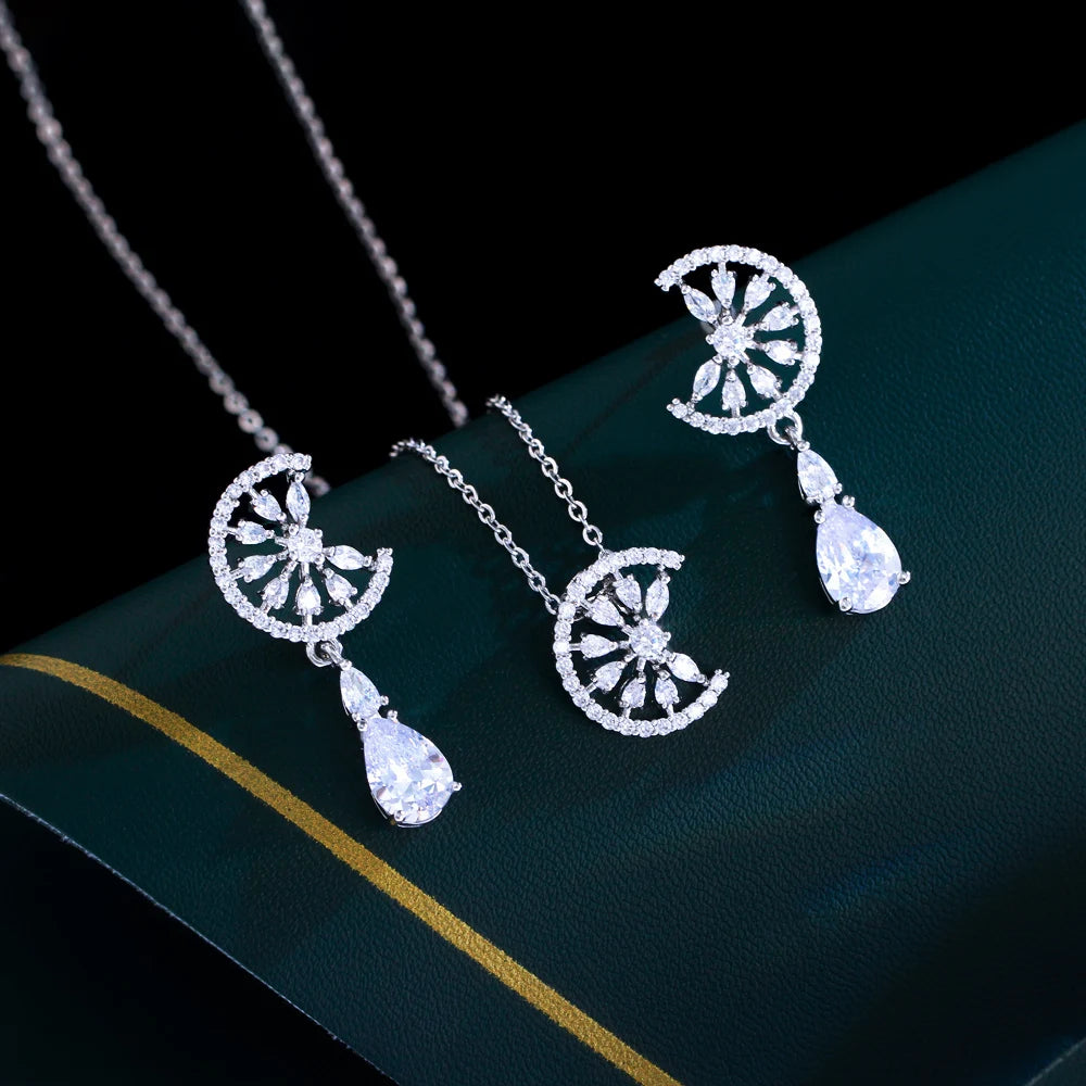 Dainty Blue Water Drop Cubic Zirconia Engagement Half Round Pendant Necklace and Earrings Fashion Jewelry Set for Women