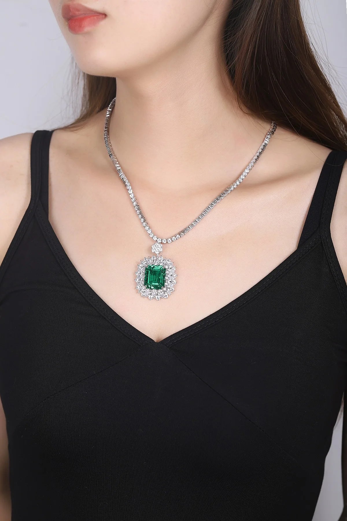 Gemfiori Anster Luxury Necklace S925 Lab Grown Emerald Necklace for Women 16/17/18inches Length Party Engagement Pendant Necklace