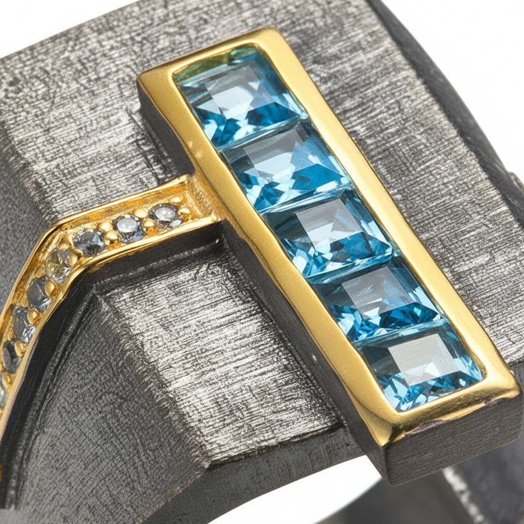 Simple Design Vintage Personality Rings,925 Sterling Silver Plated Gold Ring With Blue Topaz