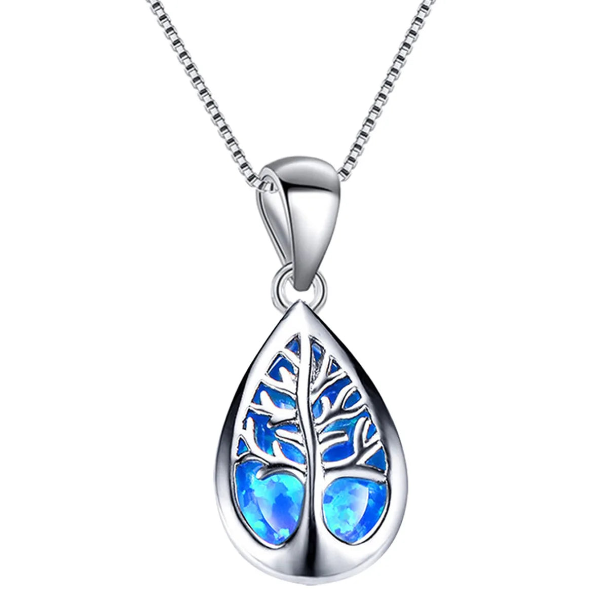 Aobao Women's Christian Copper Link Chain Opal Tree of Life Necklace Pendant Silver Plated Minimalist Sweater Chain Gift
