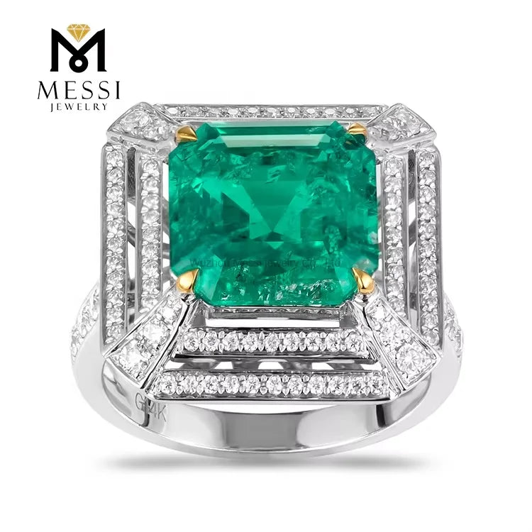 Gemfiori Messi Jewelry MSR-251 Luxury Design Emerald Ring for Woman 14k 18k Gold Wedding Engagement Ring Double halo Moissanite Ring
