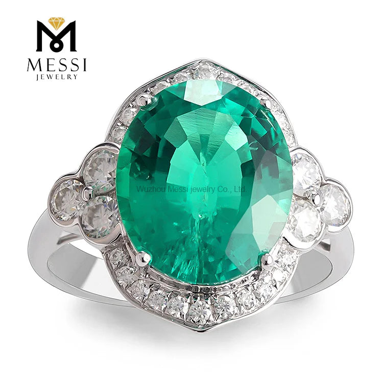 Gemfiori Messi Jewelry Antique Rings Emerald and Moissanite 14k 18k White Gold Jewelry for Woman Engagement Wedding halo Ring