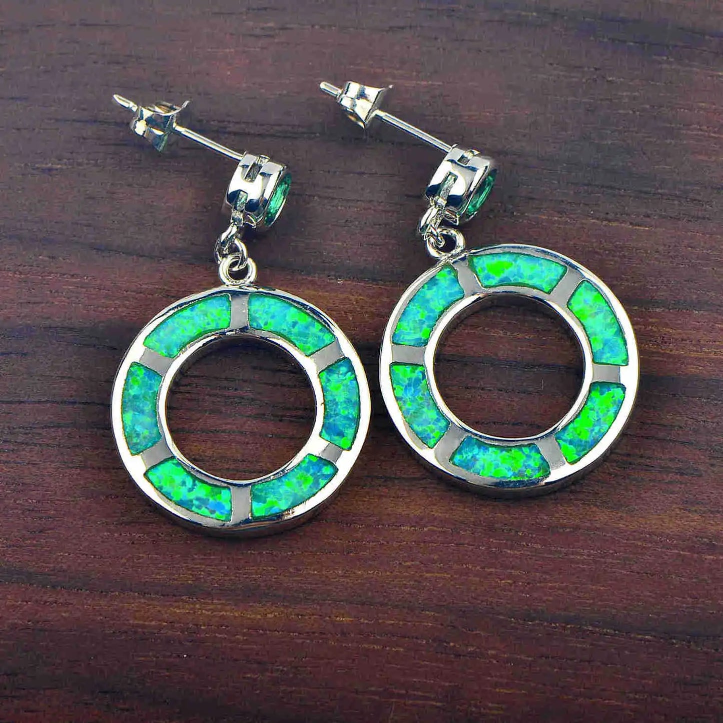 Retro Green Opal Pendant Earrings Brass Silver Plated Geometric Christian Minimalist Round Circle Jewelry for Women