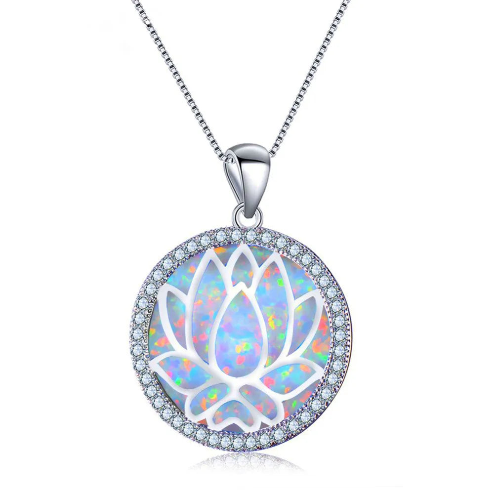 European American Fashion Opal Lotus Pendant Necklace Summer Floral Jewelry Statement Chain