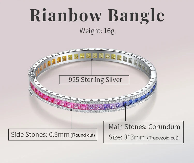 Gemfiori Anster Jewelry Rainbow Corundum Bracelets 925 Sterling Silver Rainbow Bangle Princess Cut Shape Bracelet for Women
