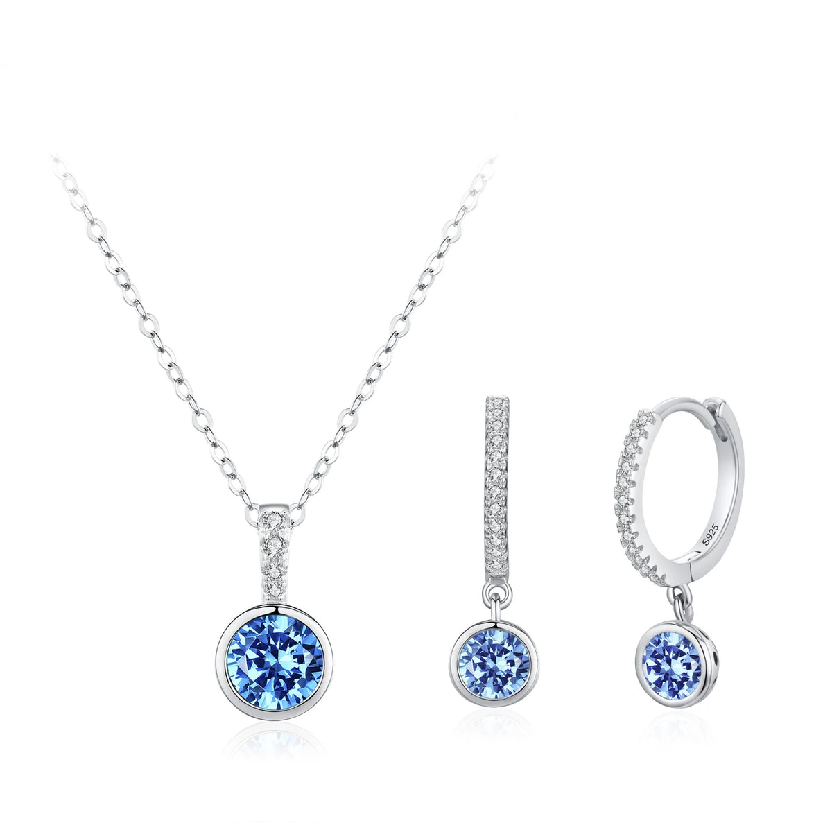 Ailmay 925 Sterling Silver Elegant Blue Zirconia Jewelry Set Luxury Necklace & Hoop Earrings For Women Romantic Wedding Jewelry