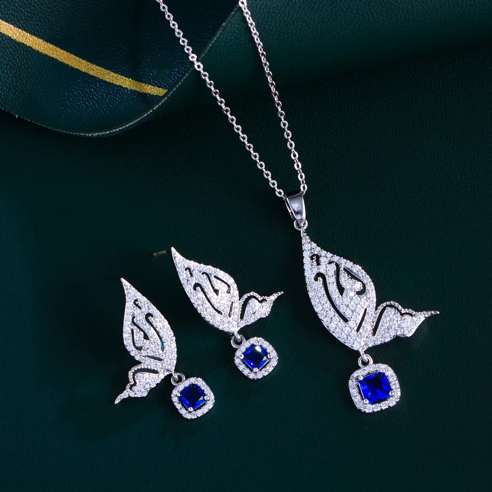 White Gold Color Animal Lovely Big Butterfly Shape Fashion Earrings and Necklace Cubic Zircon Pendant Jewelry Set for Women