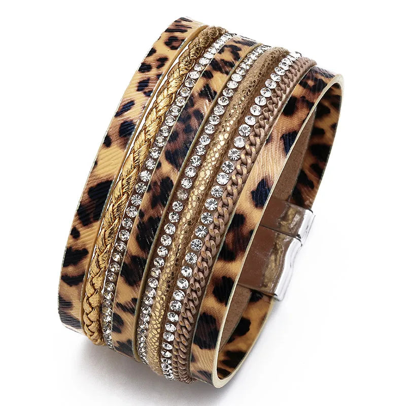 FASHIONISTA Hot Selling Fashion European and American Brick Inlaid PU Leather Magnetic Buckle Natural Leopard Print Ladies Bracelet