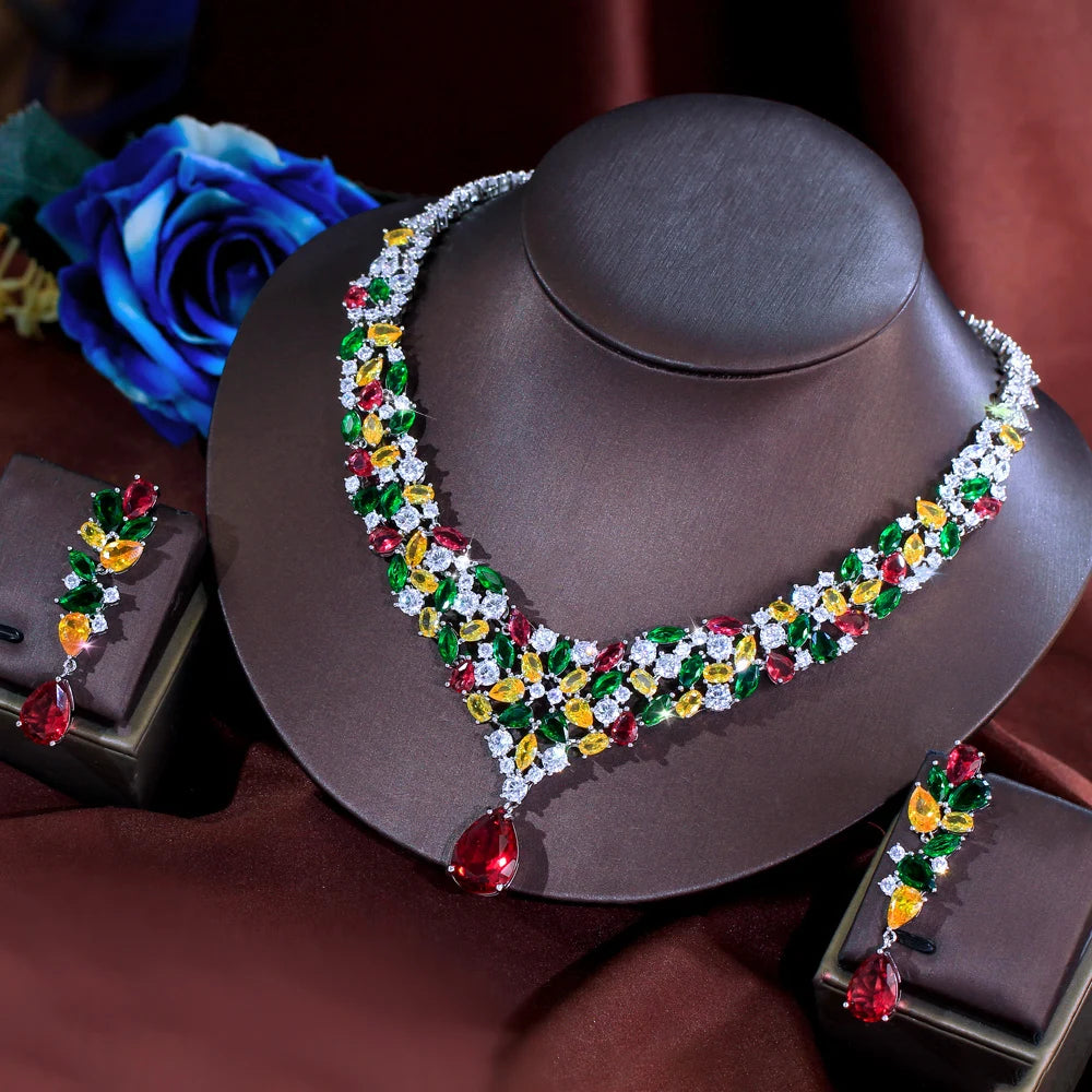 Colorful Nigerian Necklace Earrings Red Green Yellow White Zirconia Wedding Bridal Luxury Big Statement Jewelry Set for Women