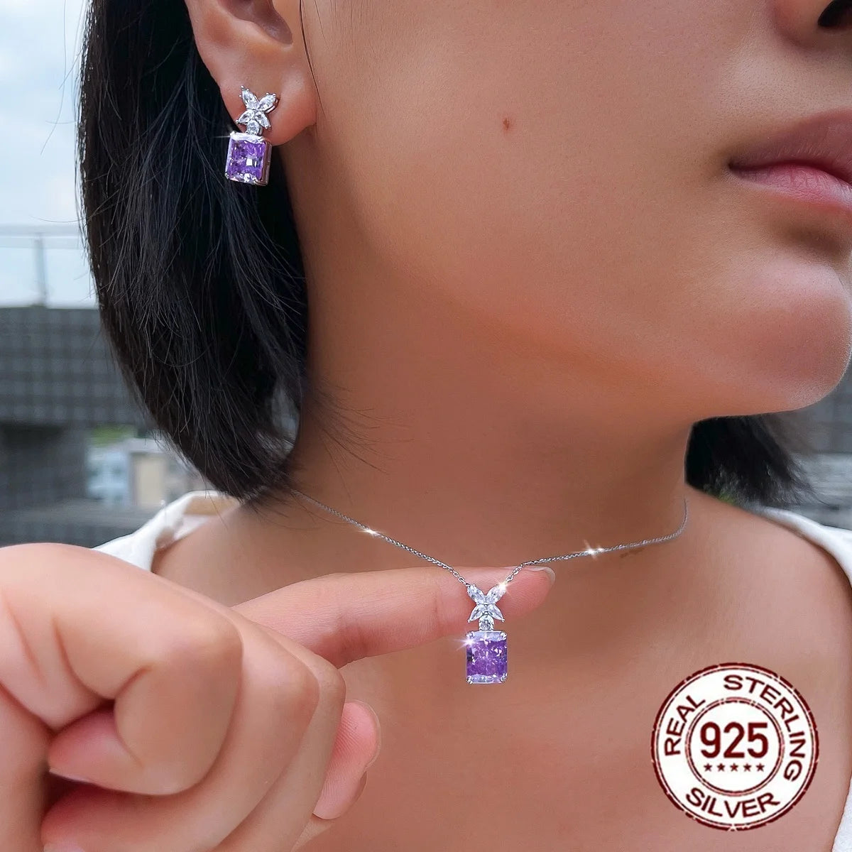 Sparkling High-carbon Crushed Ice Cut Cubic Zirconia S925 Sterling Silver Purple Jewelry Set for Women Wedding Party Jewelry