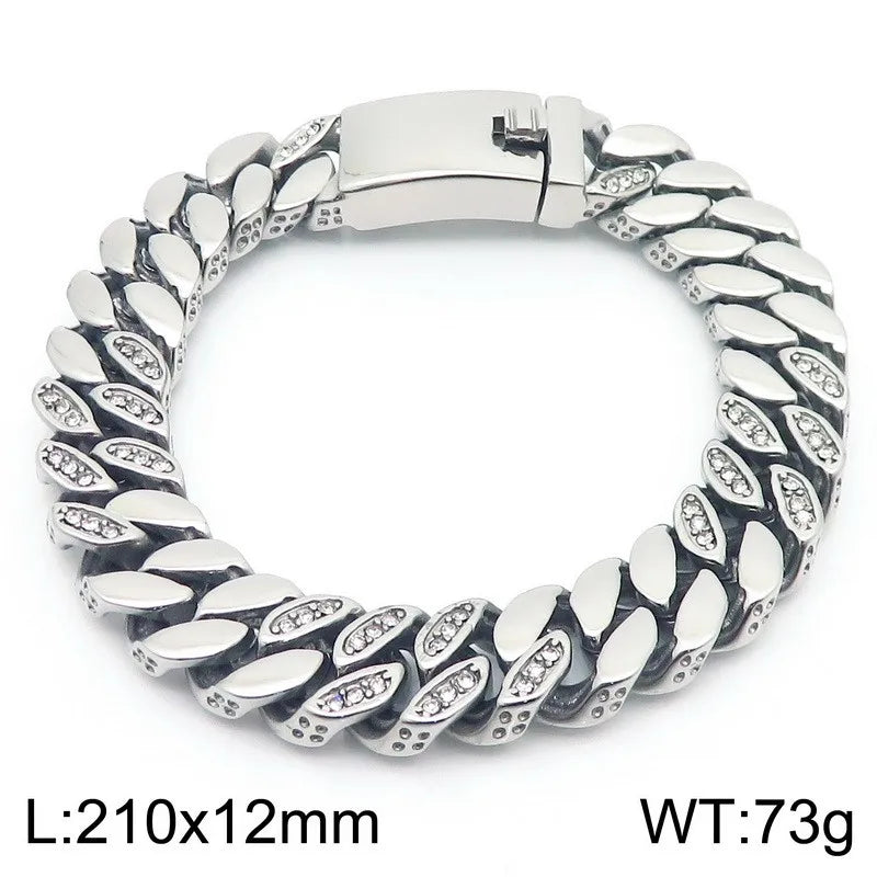 KALEN Vintage Fine Jewelry Fashion Bracelets Men Stainless Steel Rhinestones Cuban Links Bracelet Bangle