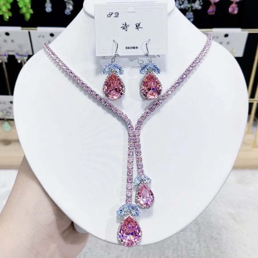 K070 Hot Selling Women Trendy Luxury Water Drop Zircon Bridal Necklace Earrings Set Wedding Elegant Jewelry Set