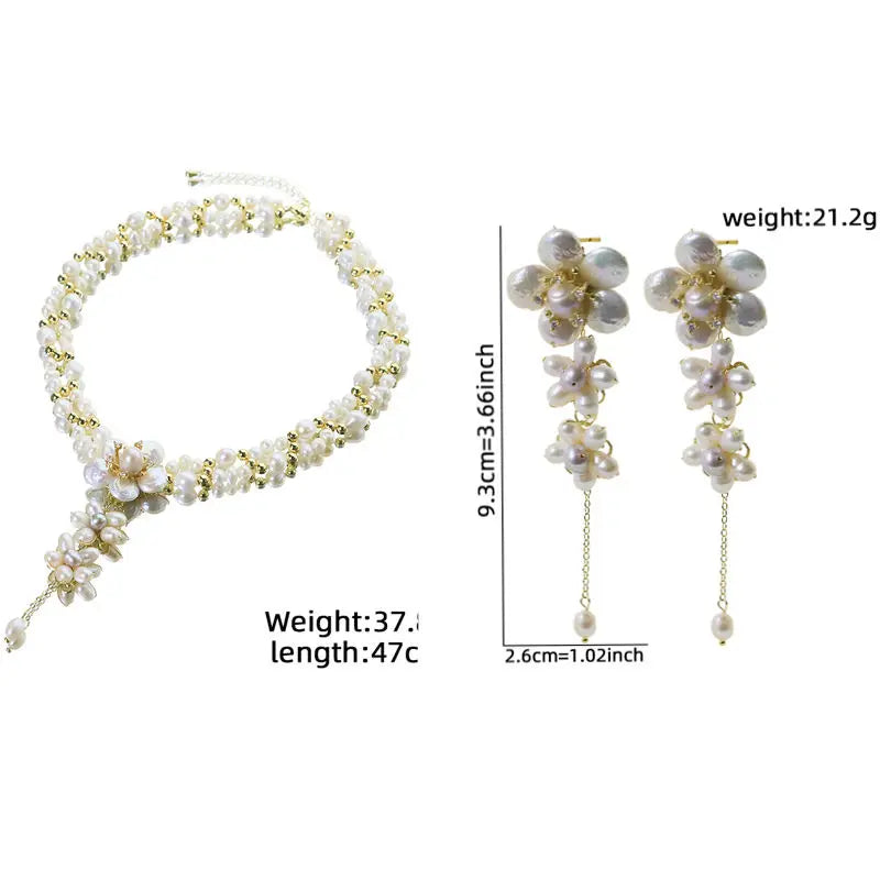 Natural Pearl Flower Necklace and Earrings Set Luxurious Design High-Quality Set for Banquet Wedding Women's Jewelry GS0227