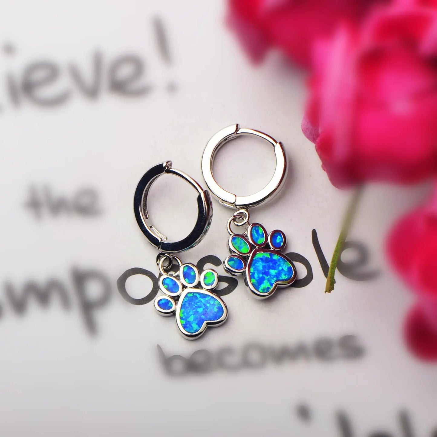 Blue Opal Dog PAWS Earrings | Silver Twisted Design Drop Jewelry