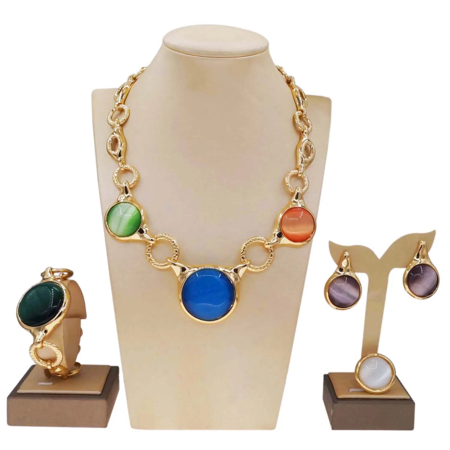 Zhuerrui Customized 18K Gold Jewelry Set Multi Color Round Necklace Bracelet Jewelry Sets Fashion Available Bridal Gift HA20066