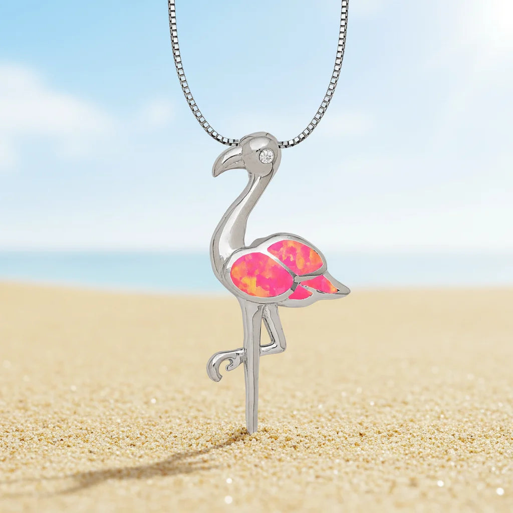 Shimmering Open Flamingo Necklace Opal Inlaid Pendant Fashion Jewelry