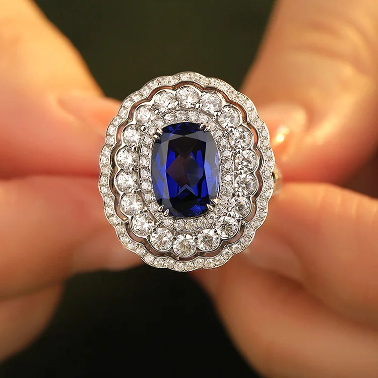 Gemfiori Handmade Triple Halo Ring for Women Sterling 925 Silver Lab Grown Sapphire Rings Gift Idea Wedding Jewelry
