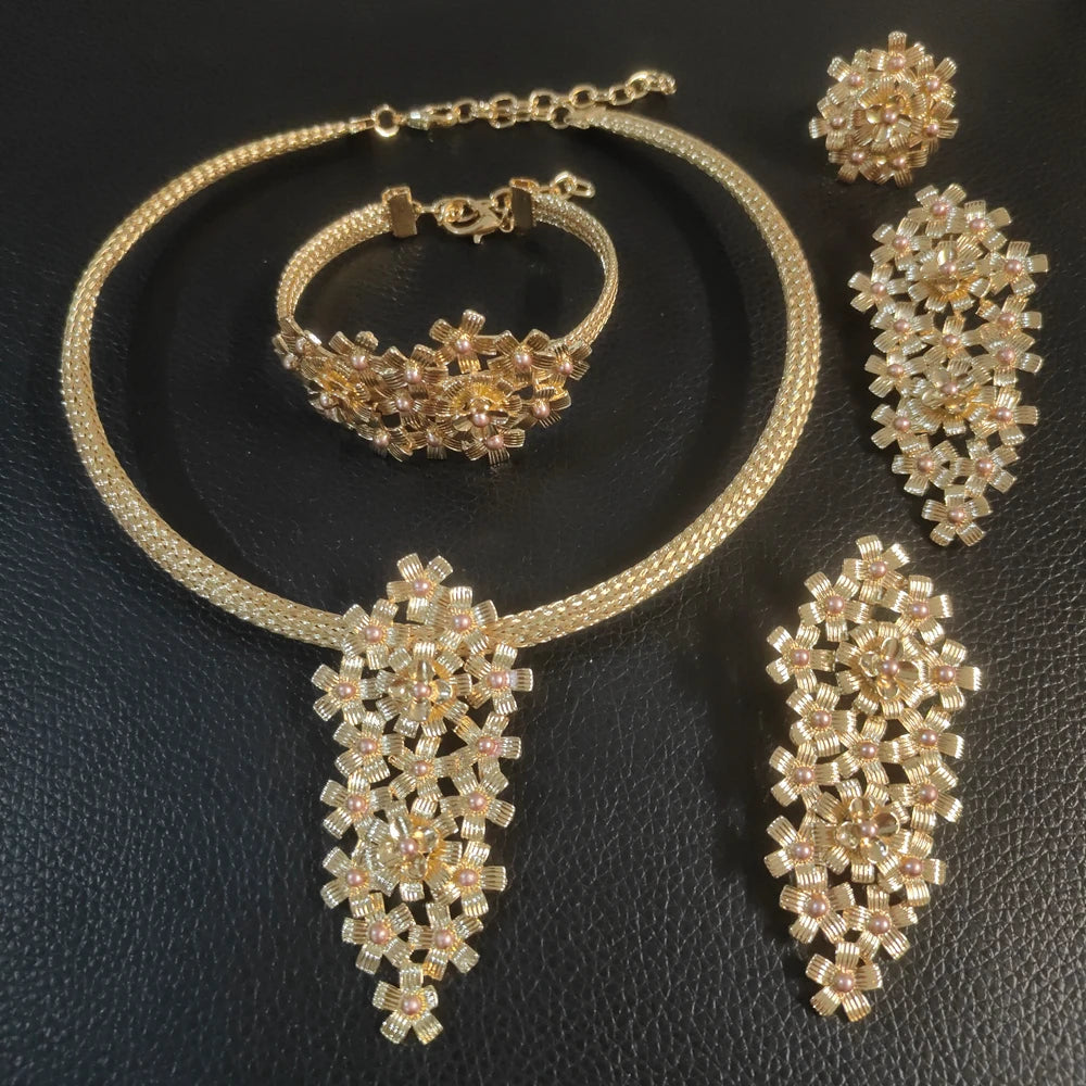 Brazilian Flowers Jewelry Sets Gold Rose Italian Jewelry Set Wedding Party Brass Necklace Bracelet Earrings Ring Jewelry