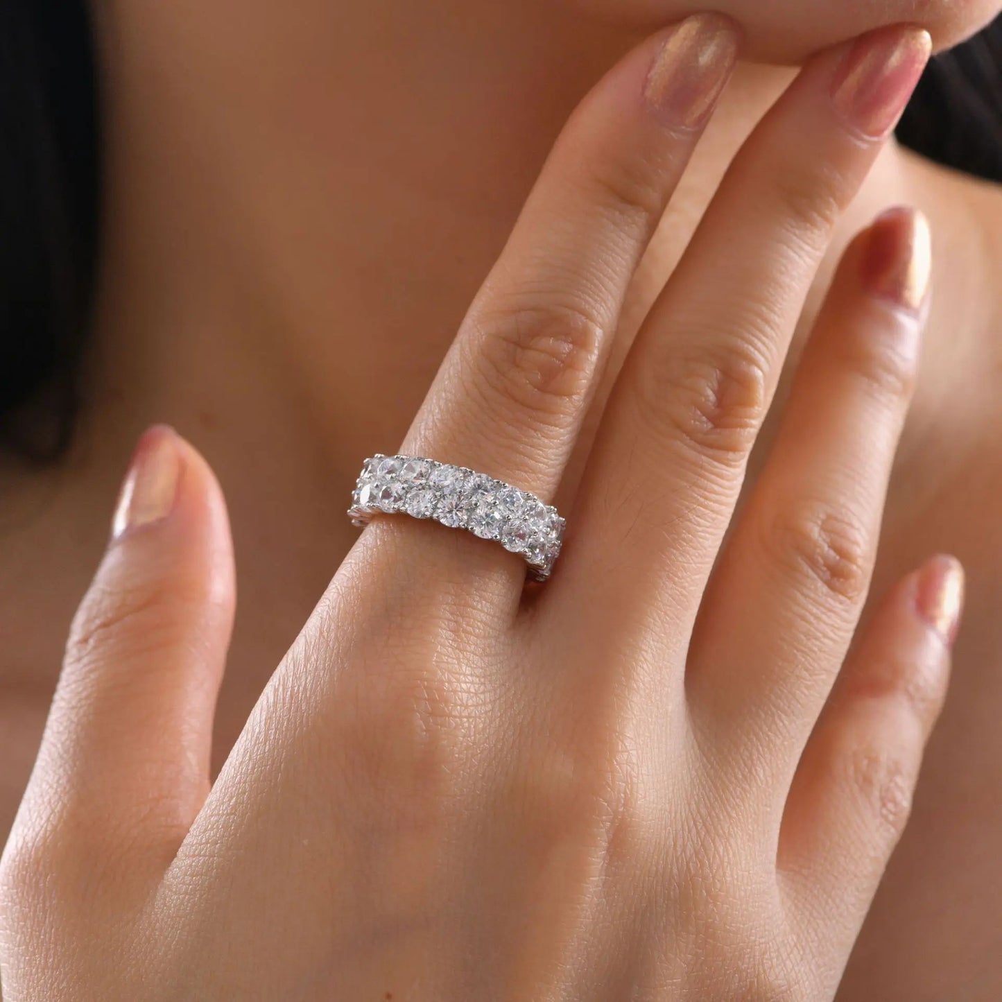 MuShan Jewelry Factory Circular White 3.5mm High Carbon Diamond 0.2 Carat Ring With Double Rows of Full Diamonds