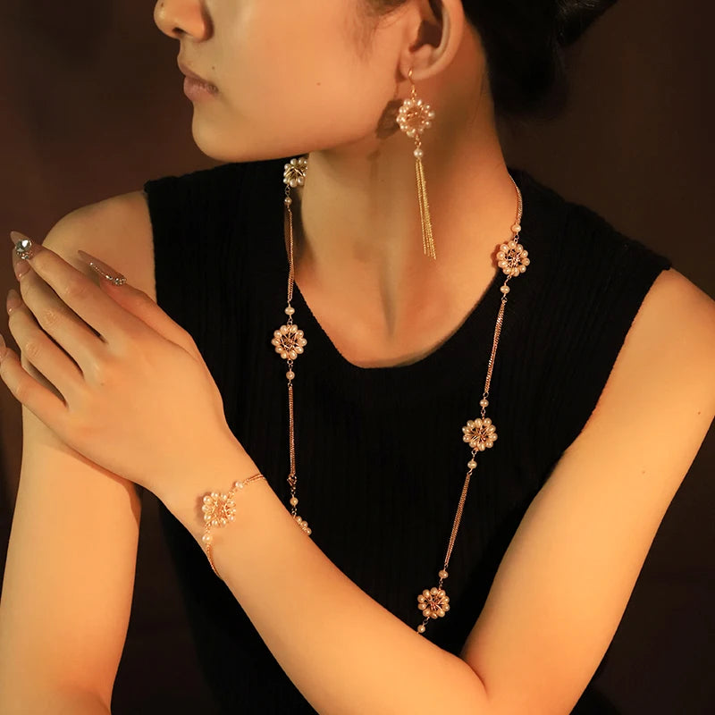 GLSEEVO Natural Freshwater Pearl Flower Chain 925 Sterling Silver Necklace, Earrings & Bracelet Set — Luxury Design