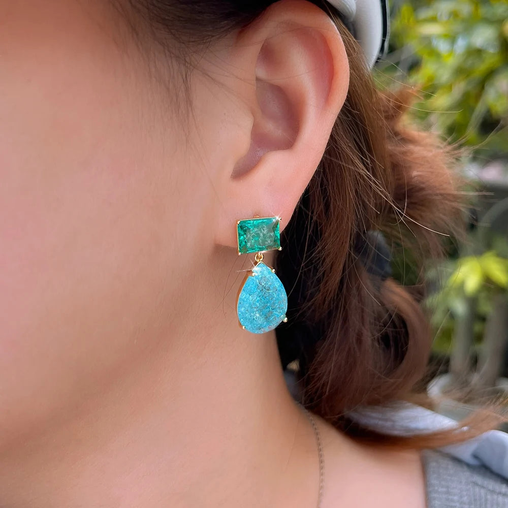 S&S Blue Ice Crack Water Drop CZ Dangle Earrings – Gold Plated – Collection