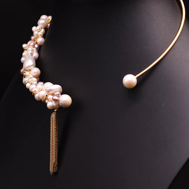Natural Freshwater Pearl Tassel Choker Necklace for Women Luxury Handmade Gold Plated Jewelry Custom Necklace