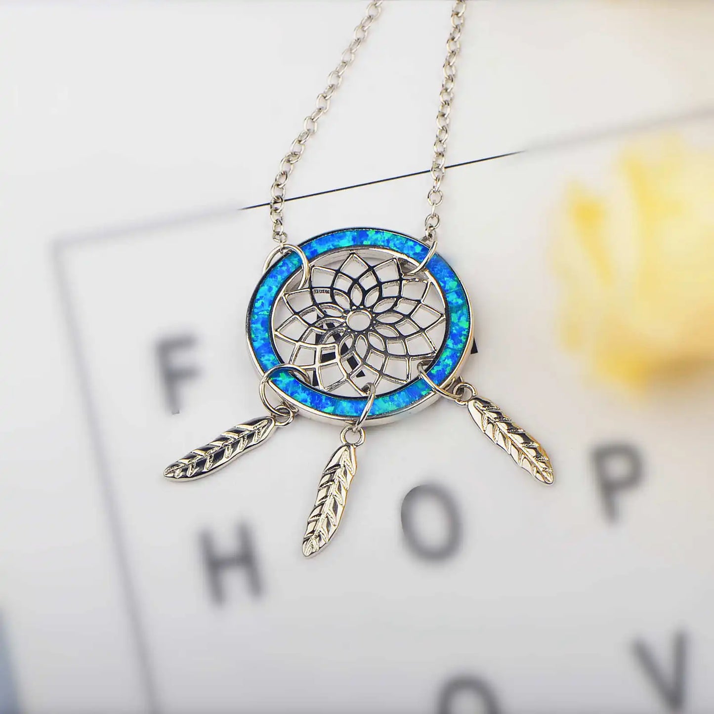 New Cute Blue Opal Bohemian Christian Dreamcatcher Necklace Minimalist Geometric Pendant Silver Plated Copper Box Chain Gift