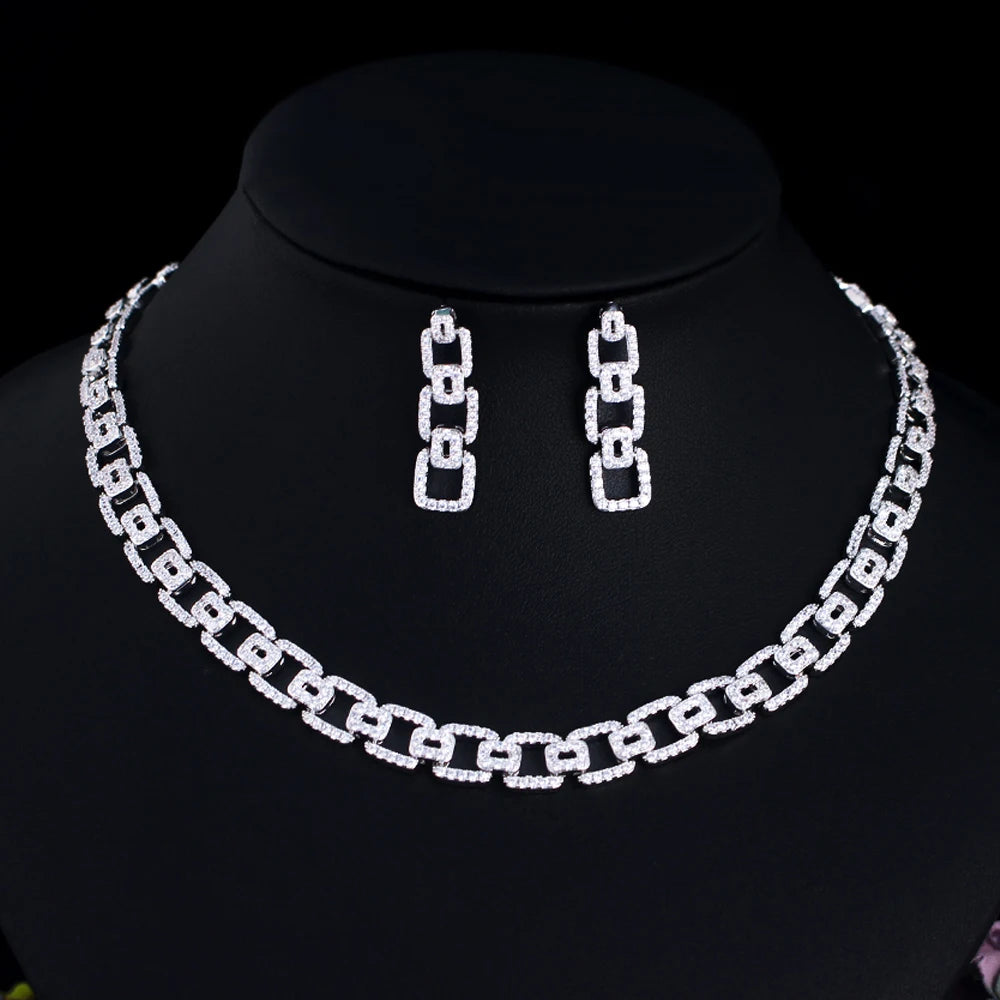 Wholesale 18k Gold Plated Cubic Zirconia Necklace and Earrings HipHop Cuban Chain Link Party Jewelry Sets for Women Men