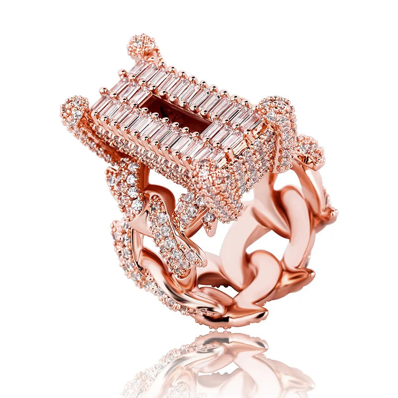 Hip Hop Thorn Spike Wide Ring Plated 14k Gold Ladder Square Zirconium Full Set Rap Stage Trendy Men's Accessories Wholesale
