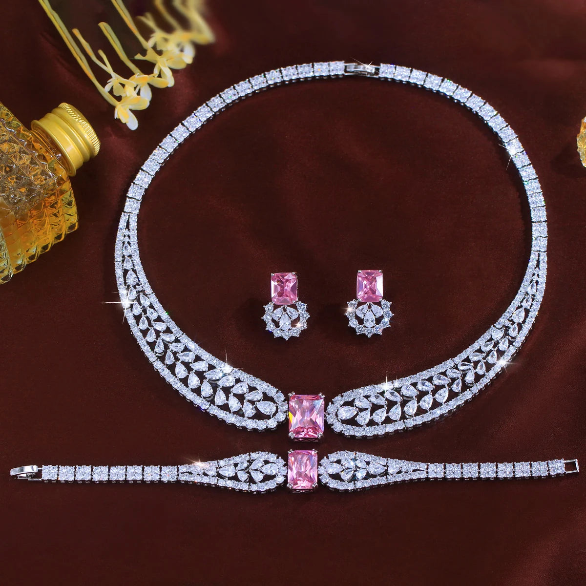 Trendy Water Drop Square CZ Crystal Jewelry Set Pink Cubic Zircon Necklace Earring Bracelet Women Engagement Costume Jewelry Set