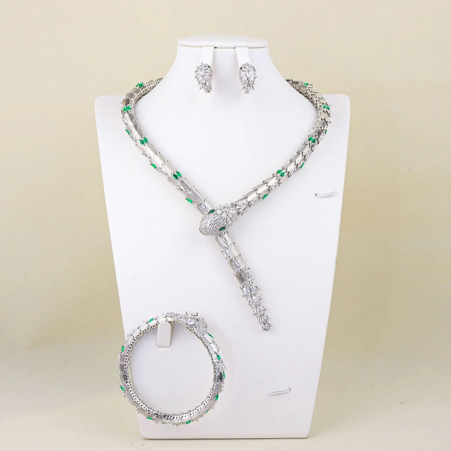 Luxury Snake-Design Zirconia Choker Necklace, Earring & Bangle Bridal Set — Gold & Rhodium Plated
