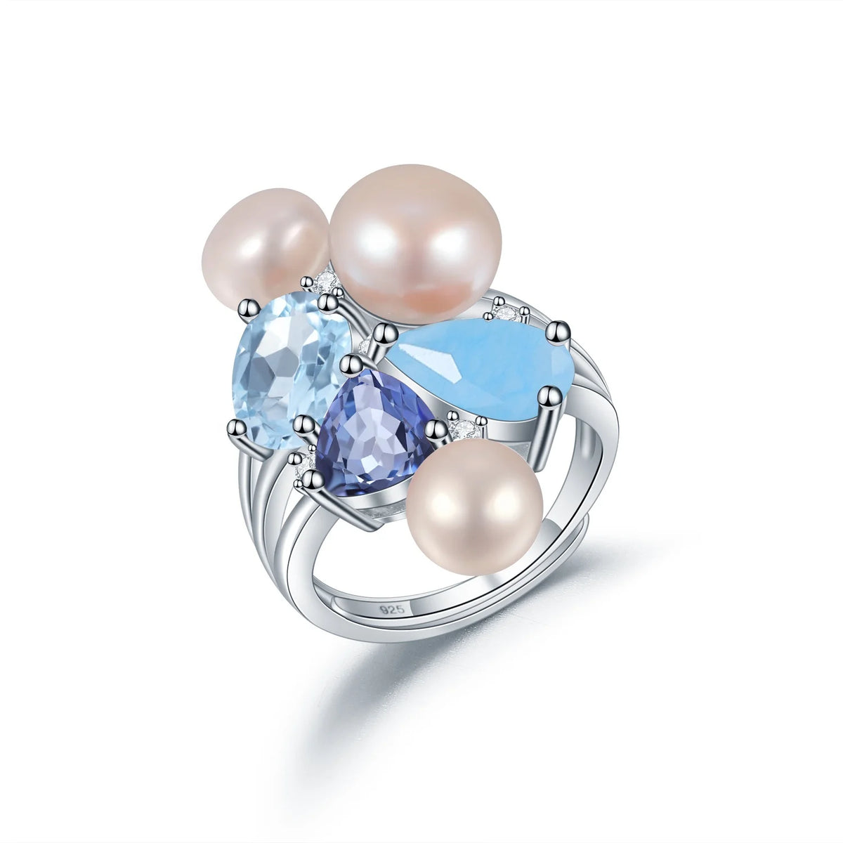 ArtistA C8319 Abding Elegant Classic Natural Mix Gemstone Aqua-blue Calcedony Pearl Mystic Quartz 925 Silver Fine Jewelry Bridal Set