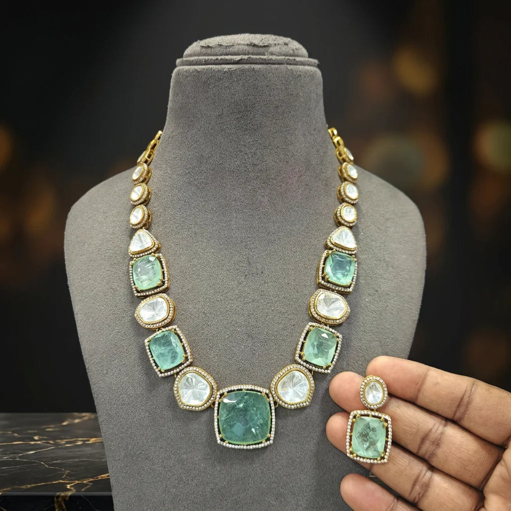 Elegant Mint Green Cushion Cut Heritage Necklace Set Traditional Wedding Jewelry Statement Necklace Premium Designer Fashion
