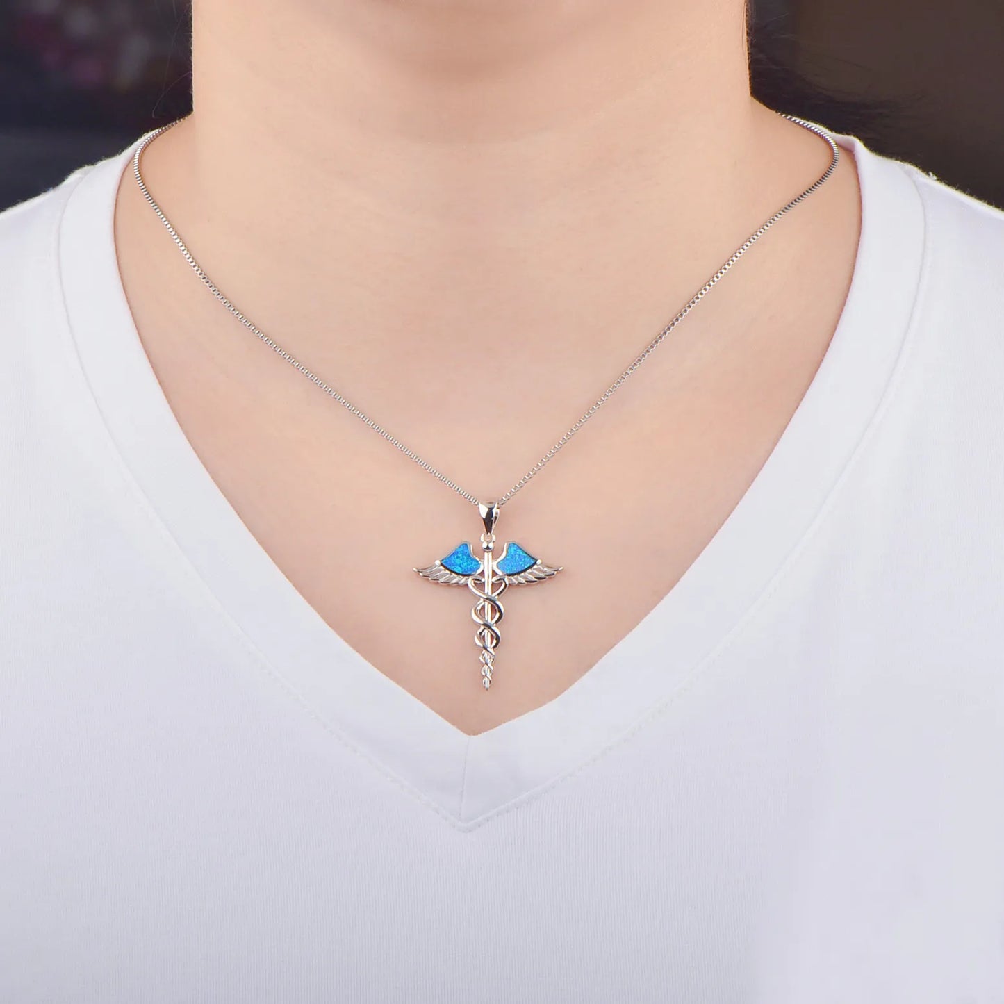 Trendy Winged Caduceus Necklace Aobao Inlaid Pendant Fashion Jewelry