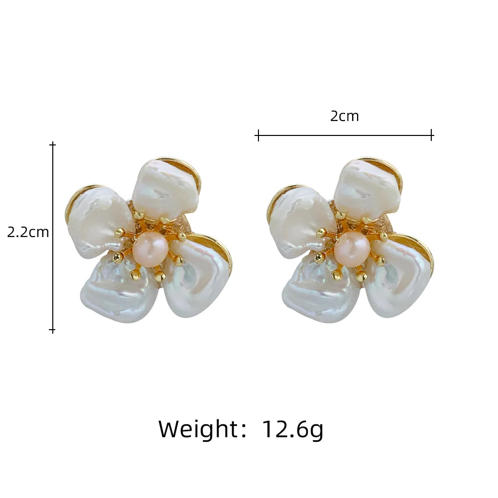 Natural White Baroque Pearl Petal Flower Earrings for Women Korean Classic Vintage Fashion Jewelry Earrings GE1593