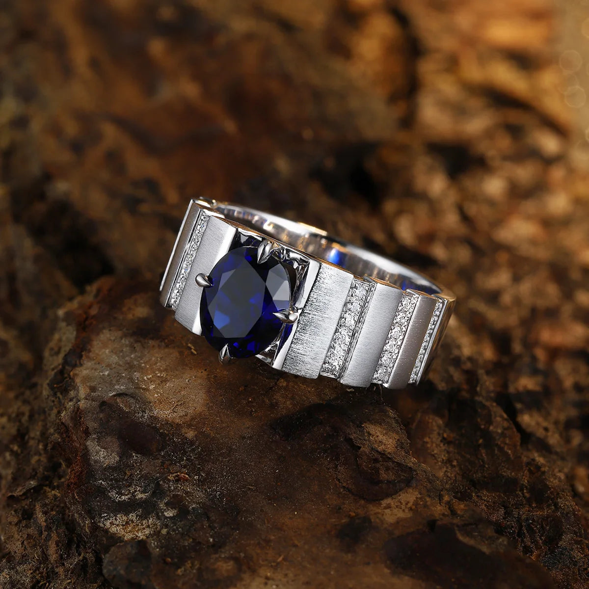 Gemfiori Wedding Rings 925 Sterling Silver Lab Grown Sapphire Mens Solid Silver Band Ring