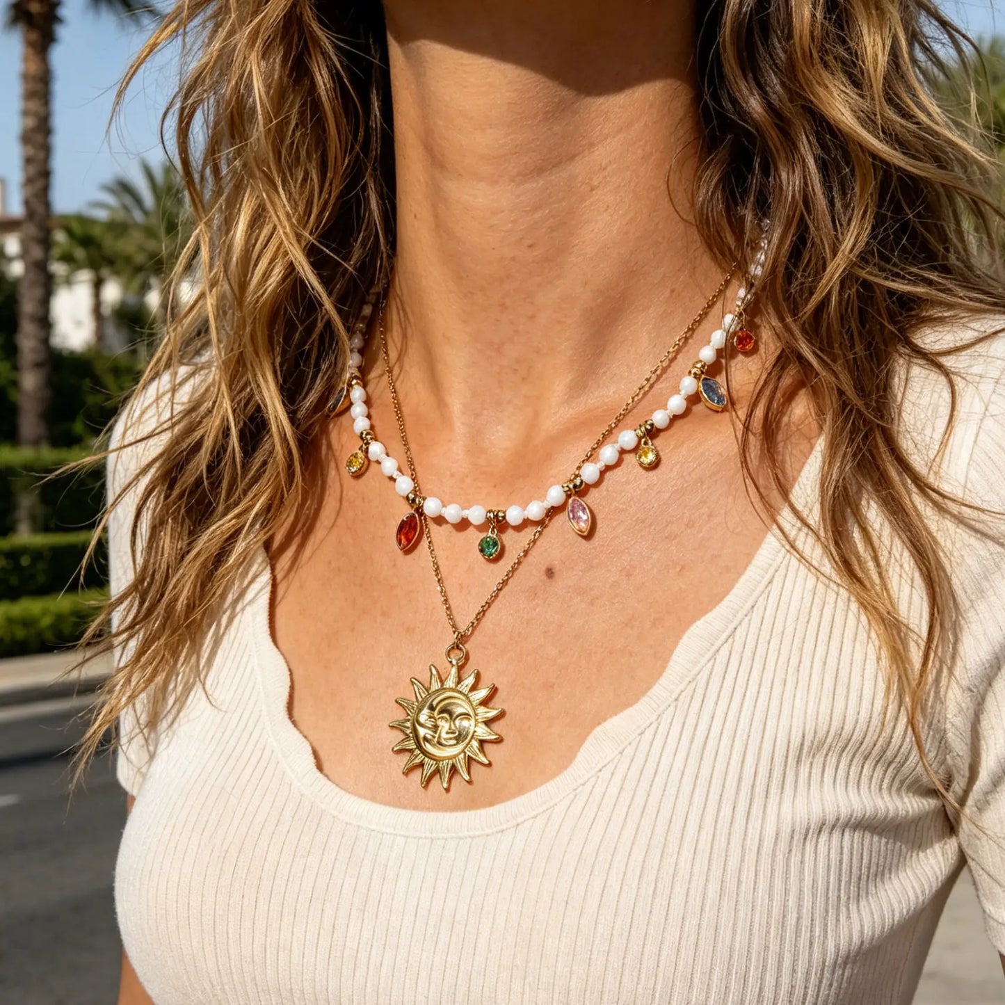 Joolim PVD Plated Wholesale Waterproof Vintage Rainbow Zirconia Pendant Pave Beaded Chain Necklace Stainless Steel Jewelry