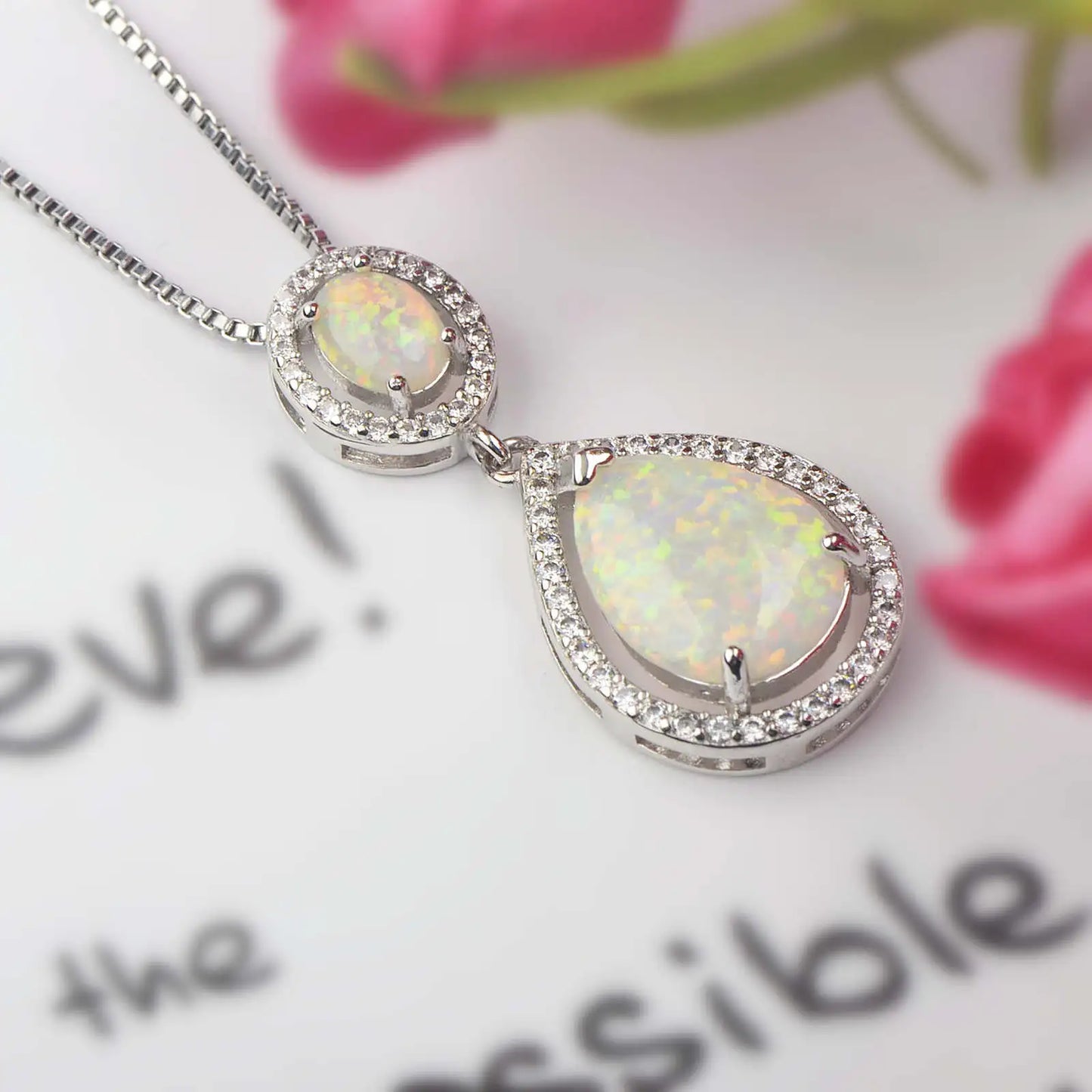 Silver Plated Lab Created White Opal Teardrop Necklace Design Sweater Chain Ocean Pendant Trendy Gift