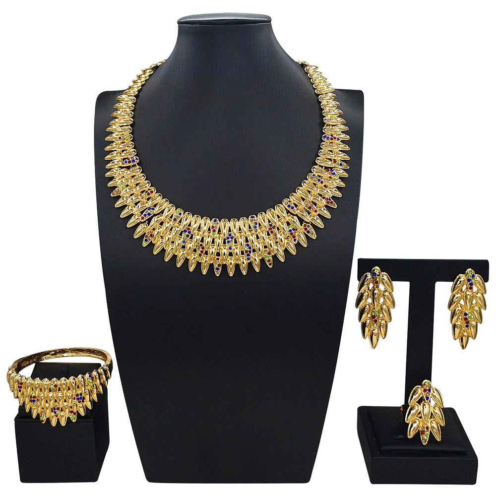 Zhuerrui Braided Textured Gold Plated Jewelry Set Chunky Twisted Necklace Hoop Earring Bangle Ring Nigerian Wedding Jewel I0101