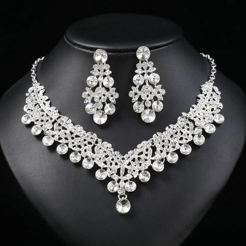 Crystal Flower Necklace & Earrings Jewellery Set | 6 Colours Bridal Evening Fashion Set