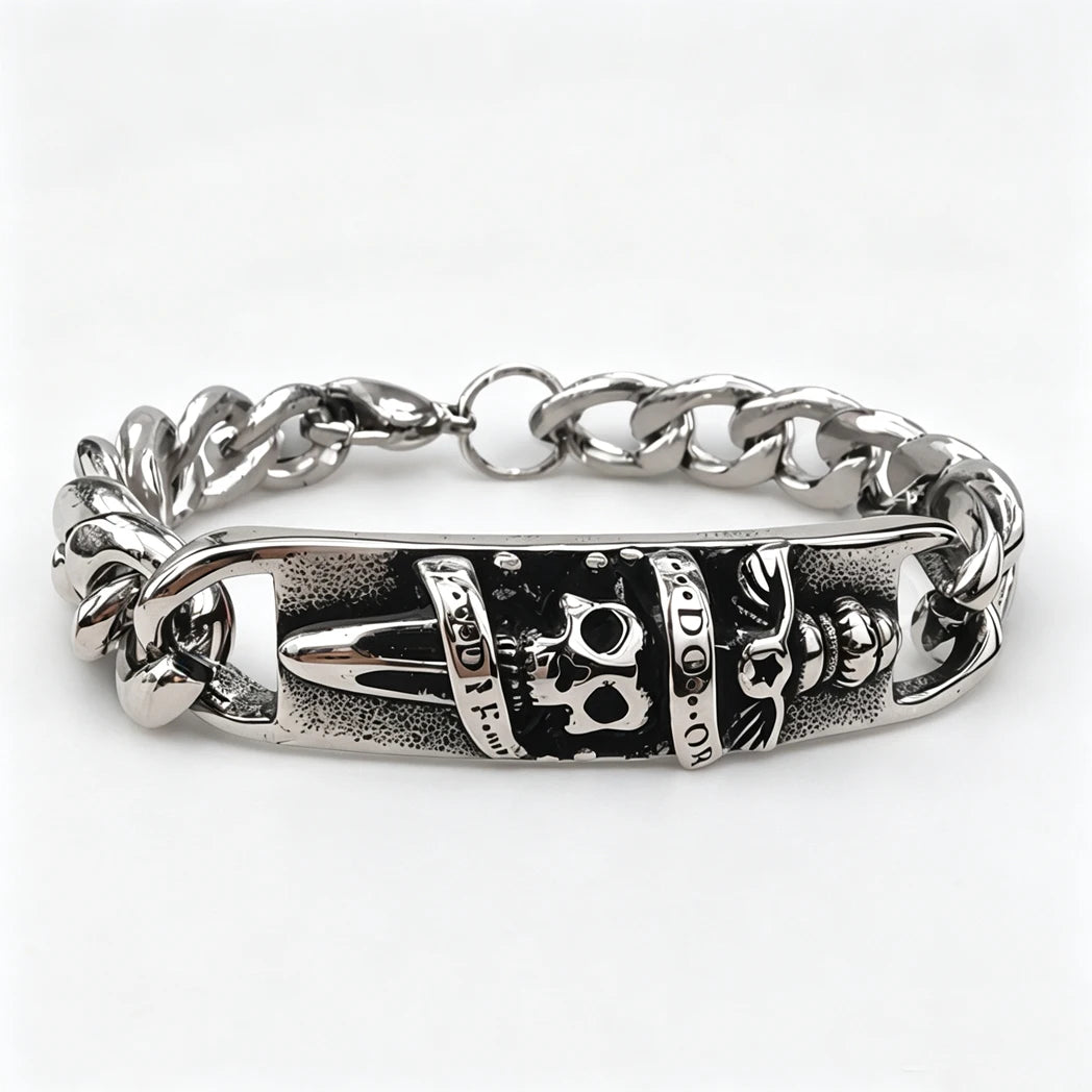 Vintage Men's Stainless Steel Bracelet Gothic Skull Celtic Knot Cross Cuban Chain Woven Braid Street Style Jewelry Gift