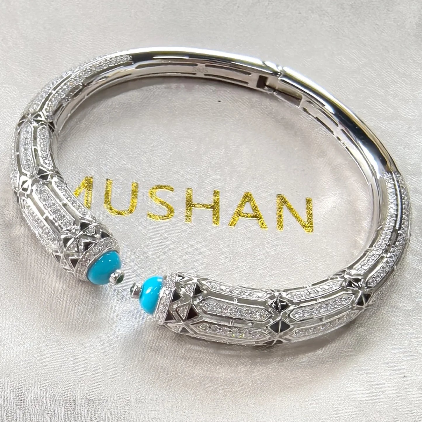 MUSHAN Jewelry Factory 925 Sterling Silver Cuff Bracelet Bangle High Carbon Diamond Blue Turquoise Red Coral Bracelets for Women