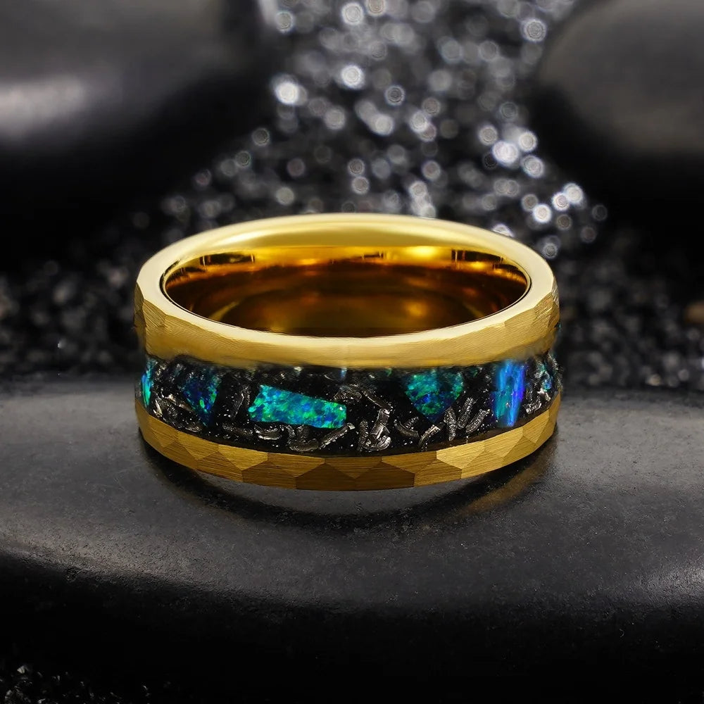 New Classic Unisex 18K Gold Plated Hammered Tungsten Steel Ring 8mm with Inlaid Blue-Green Opal Meteorite