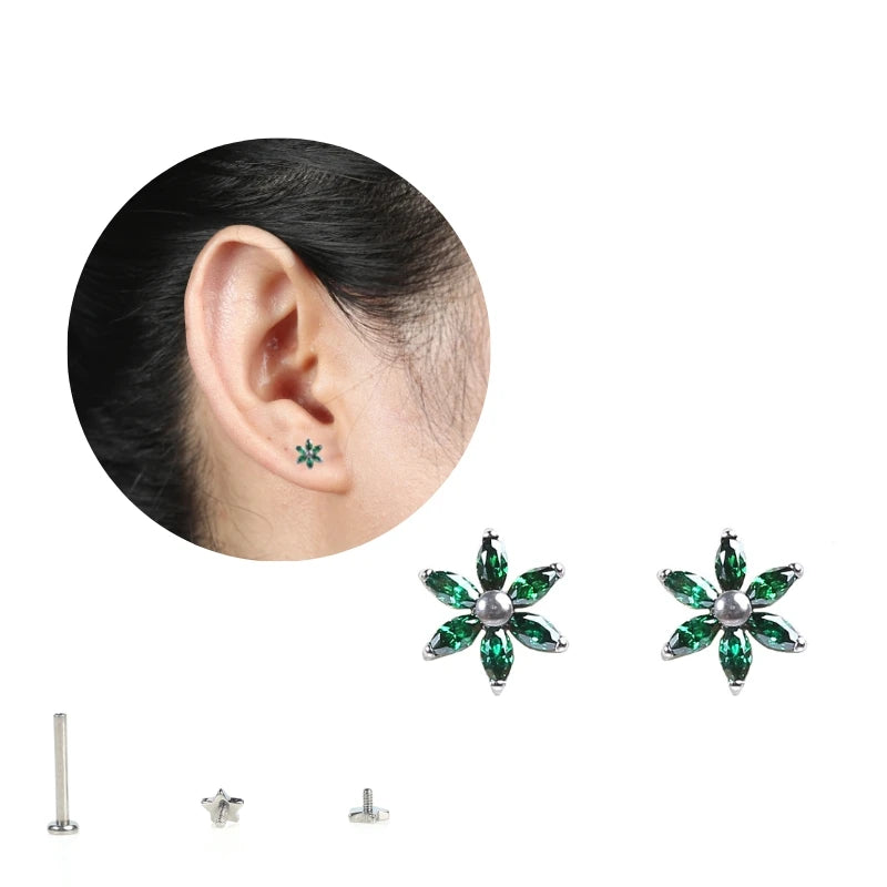 Minimalist Titanium Six Leaves Flower Stud Earrings Simple Internally Threaded Piercing Jewelry Trendy Style