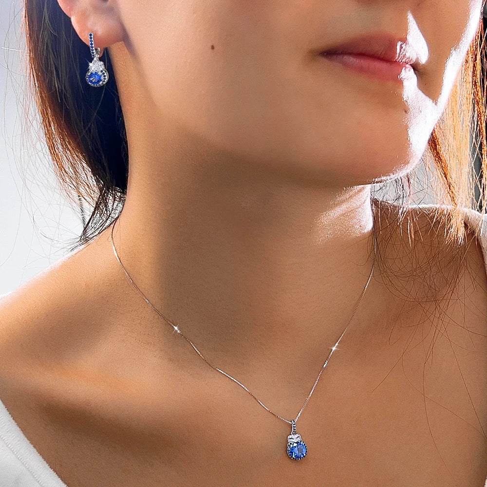 Exquisite S925 Sterling Silver Pendant Earrings CZ and Round Blue Synthetic Tanzanite Stone Jewelry Set for Women Daily Wear