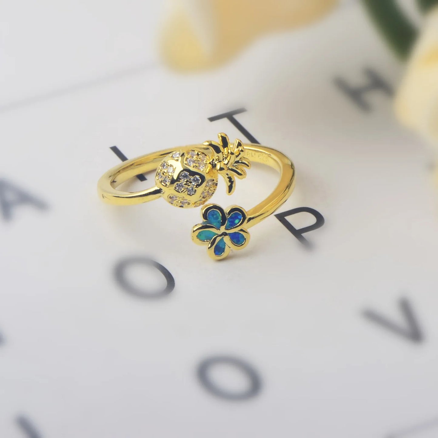 Hawaiian Pineapple Flower Opal Brass Modern Bohemian Design Ring