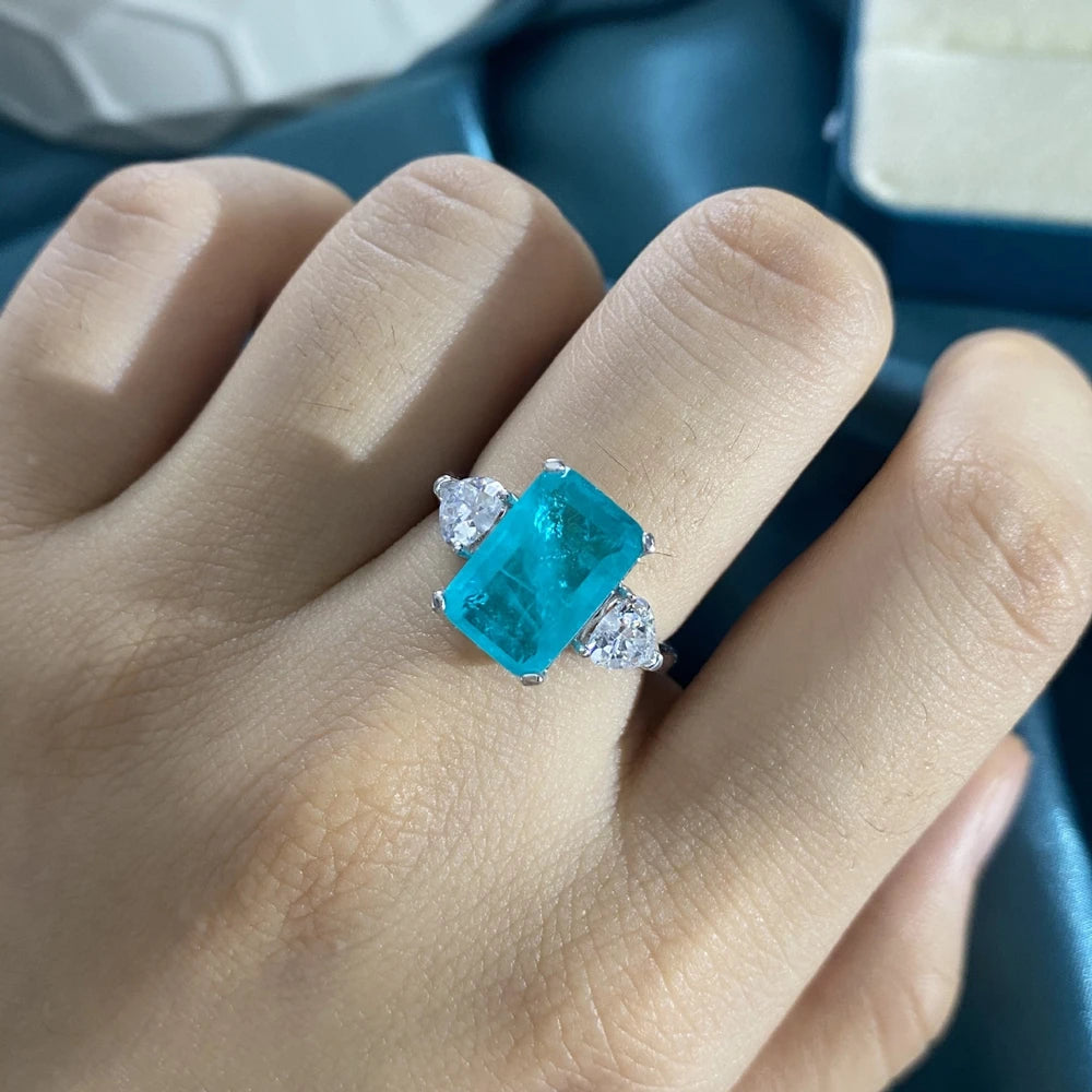 MuShan Jewelry Factory 925 Silver 5 Carat Synthetic Paraiba Rectangular 8*12 High Carbon Diamond Ring for Women
